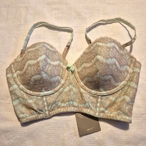 Anthropologie women's 34C turquoise with tan lace overlay underwire bra NWT